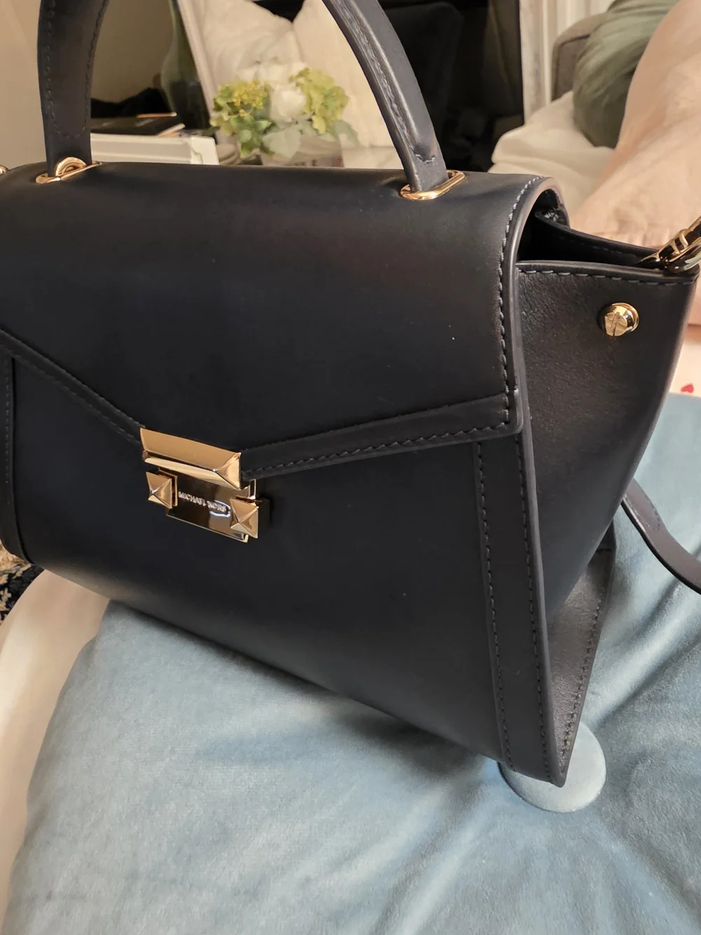 MK Org Price $298-Classic Black Real Leather Shoulder Bag with Gold Hardware